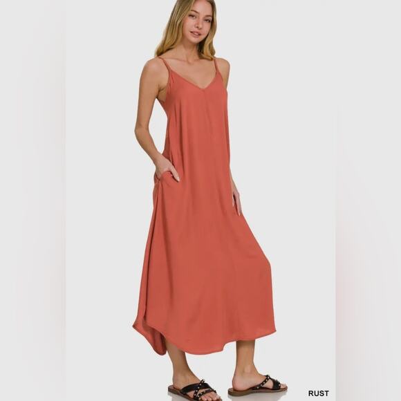 Rust Rayon Midi Sundress – Spaghetti Strap Pockets Dress - Picture 1 of 2